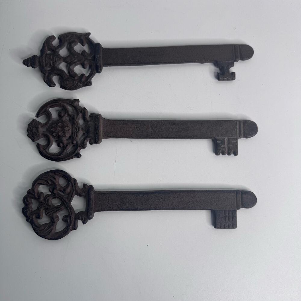 Vintage Cast Iron Keys Set of 3 Decor Heavy 9in” Rustic Primitive